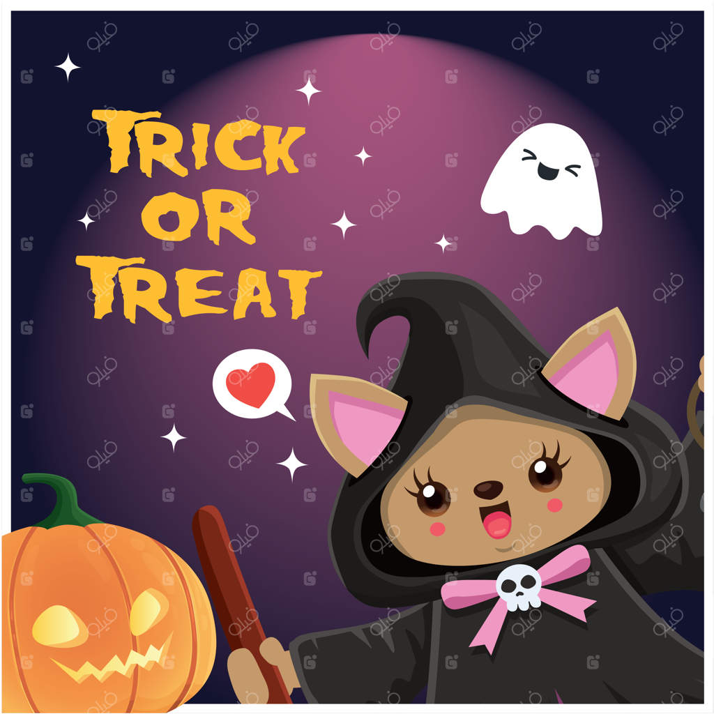 طراحی پوستر هالووین قدیمی با شخصیت گربه جادوگر وکتور