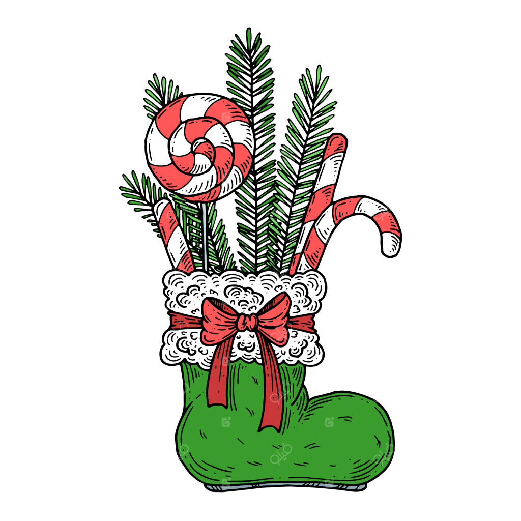 چکمه‌ای پر از شاخه‌های کاج و آبنبات چوبی شیرین