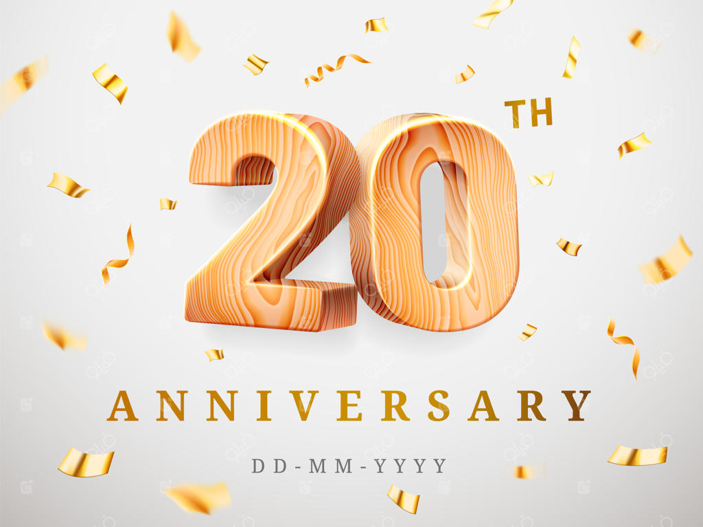 جشن سالگرد با اعداد چوبیِ طلاییِ بیست و صفر و کاغذهای رنگی طلایی