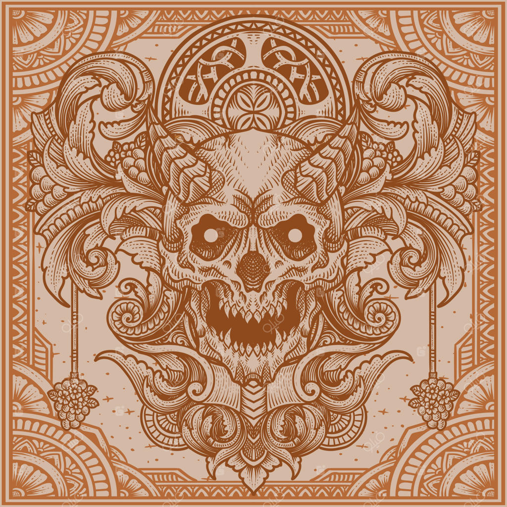 تصویر سر جمجمه شیطان با تزئینات حکاکی قدیمی