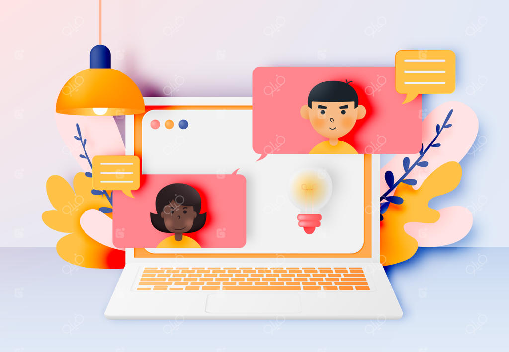 گفتگوی بچه‌ها با لپ‌تاپ و حباب‌های گفتار در چت.