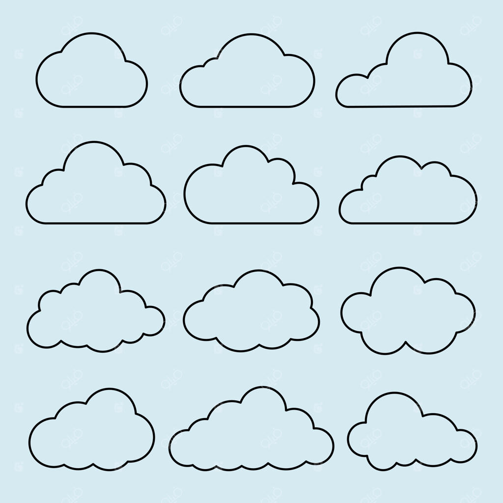 مجموعه آیکون‌های ابر بر روی زمینه آبی روشن با اشکال مختلف ابرها در سبک طراحی ساده، مناسب برای اپلیکیشن‌های هواشناسی، گرافیک‌های ابری و سایر نیازهای هواشناسی - مجموعه وکتور