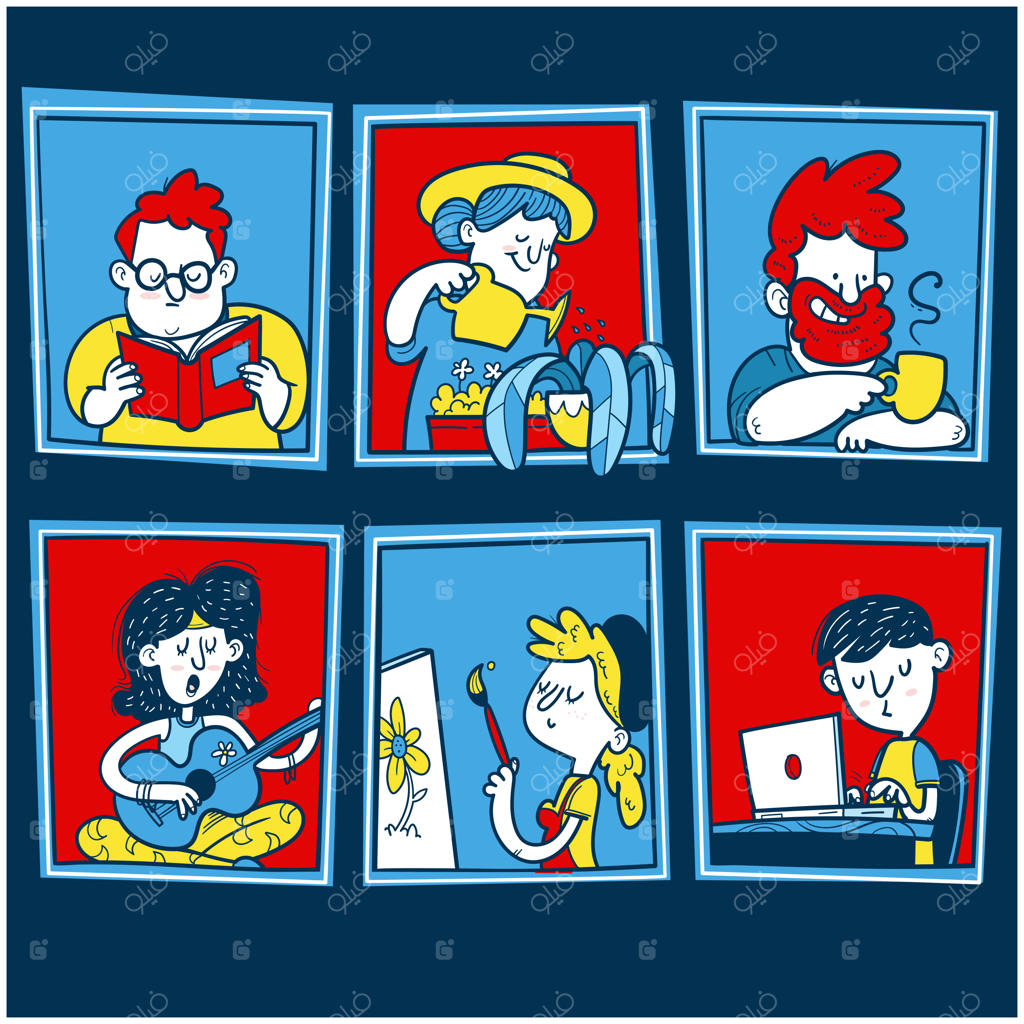 پنجره‌هایی با آدم‌های گوناگون: مردم مختلف در خانه می‌مانند تا از کرونا محافظت کنند.