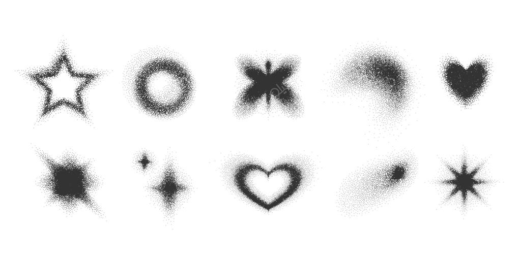 مجموعه اشکال با بافت گرینی و دانه‌دار، گرادینت هاف‌تون نقطه‌ای و افکت استیپلینگ؛ فیگورهای نویزی خلاقانه، قلب، پروانه، ستاره، دایره و فرم‌های انتزاعی، عناصر تزئینی با استایل رترو و زیبایی‌شناسی Y2K