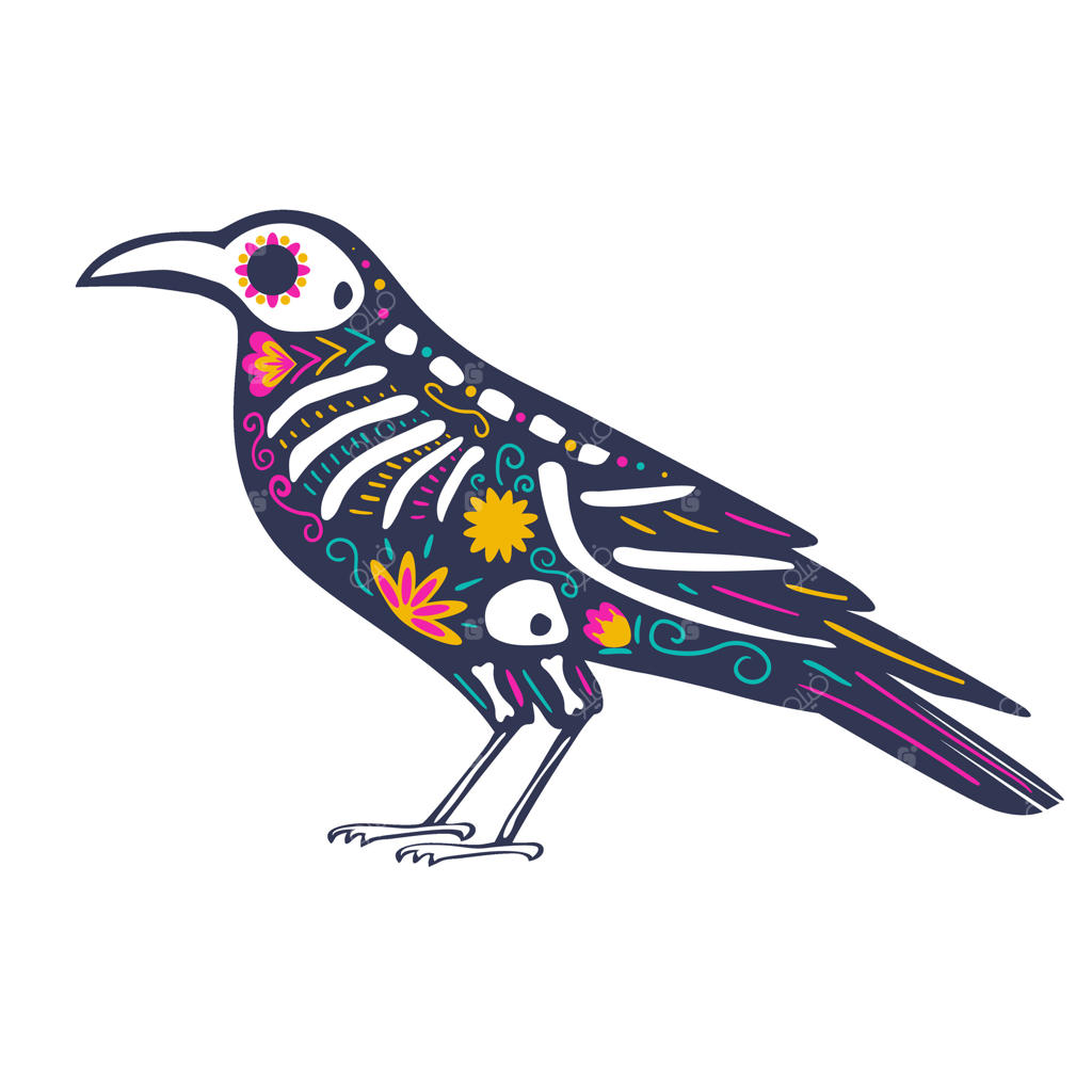 اسکلت کلاغ تزئین‌شده با گل‌ها و عناصر تزئینی، نمای جانبی. حیوان جشنواره‌ای برای روز مردگان مکزیکی، دی دوس مورتوس.