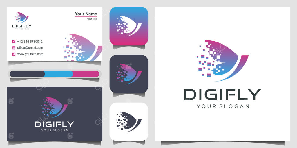 پروانه‌ی انتزاعی با مفهوم پیکسل. طراحی ساده وکتوری برای لوگو. مناسب برای لوگوی محصولات آرایشی و بهداشتی. شامل طراحی لوگو، سه آیکون و کارت ویزیت. وکتور با کیفیت.