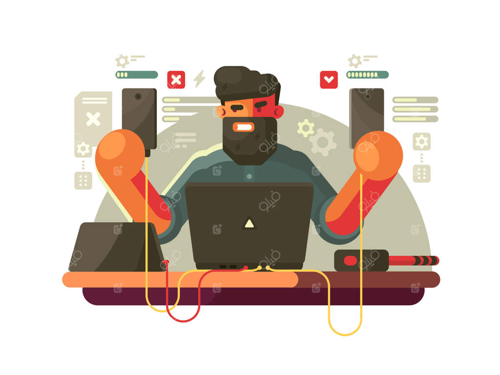 توسعه‌دهنده تلفن‌های همراه: مرد ریشو با ابزارک‌ها. تصویر برداری