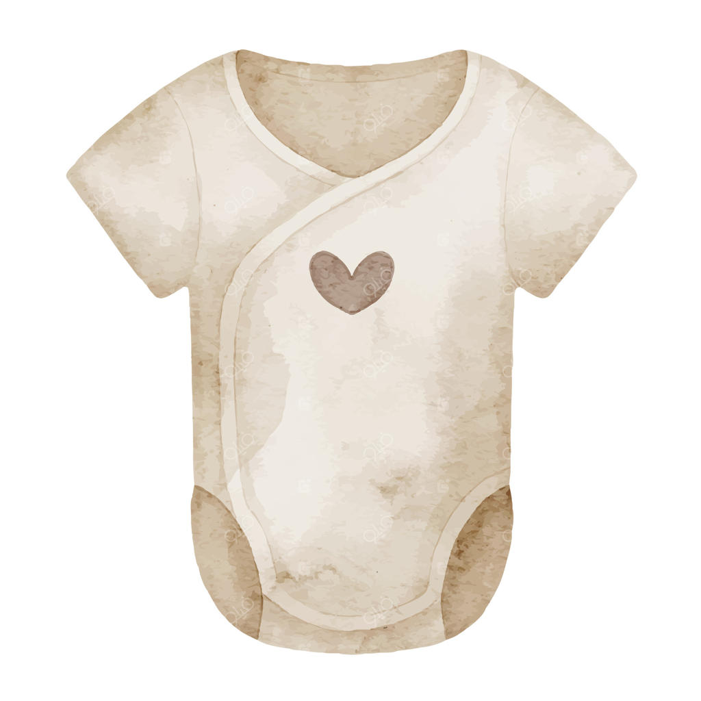 تصویر آبرنگی از لباس نوزاد بژ با قلب. نقاشی لباس کودک در رنگ‌های پاستلی خنثی برای دعوت‌نامه‌های جشن سیسمونی یا کارت‌های تبریک جشن تولد نوزاد. هنر یا رامپر برای بچه.