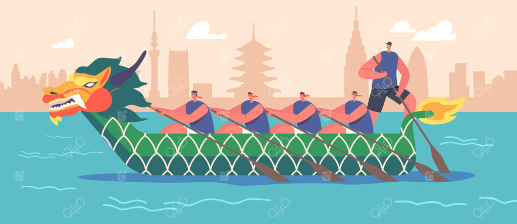 تیم ورزشکاران آسیایی در حال پارو زدن با قایق اژدها؛ مفهوم مسابقه قایقرانی و لذت بردن از ورزش‌های آبی