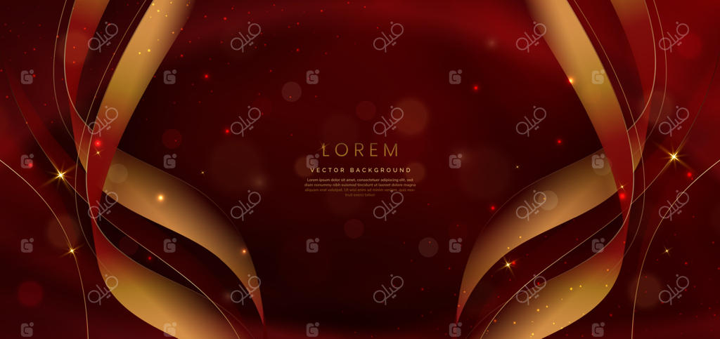 روبان طلایی خمیده با نورپردازی روی زمینه قرمز همراه با افکت نور و بکه‌های درخشان. طراحی به سبک لوکس.