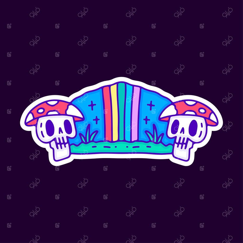 جمجمه قارچ جادویی با منظره رنگین‌کمانی کارتونی - طرحی برای تی‌شرت، استیکر یا لباس