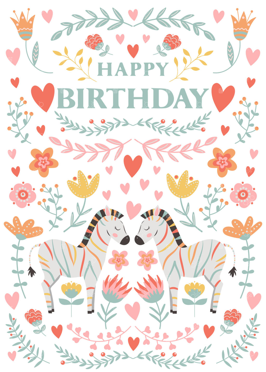 کارت تبریک تولدت مبارک به سبک محلی با گورخرهای بامزه و نقش و نگار گل و قلب‌ها.