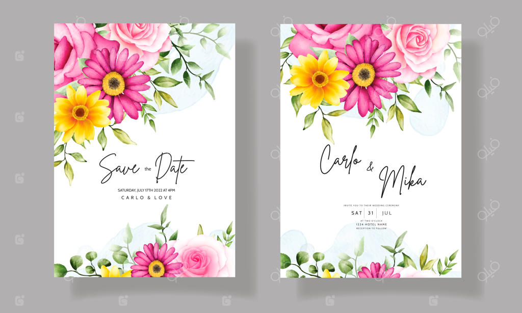 طراحی زیبای کارت دعوت عروسی با دست، با گل‌های آبرنگی