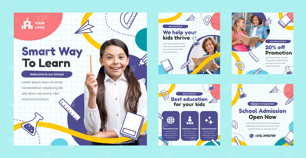 پست‌های اینستاگرام مدرسه خصوصی با طراحی دستی