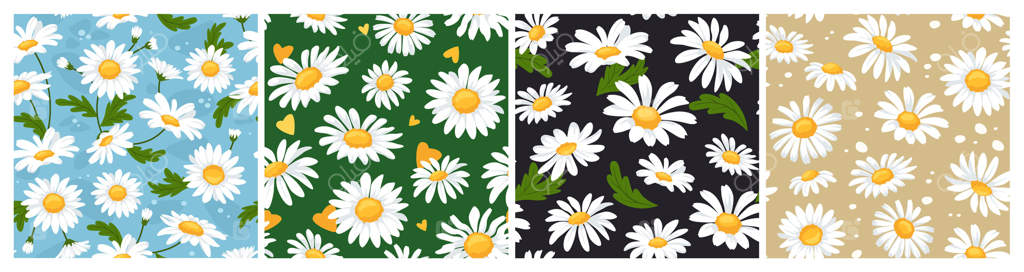 الگوهای یکپارچه با گل‌های بابونه. شکوفه‌های تابستانی، گل‌های باغ و گل‌های وحشی. تصویر زمینه کارتونی با طرح‌های گیاهی و پس‌زمینه چاپ پارچه‌ای گلدار.
