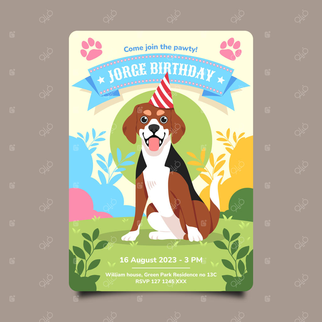 دعوت‌نامه تولد سگ با طراحی تخت