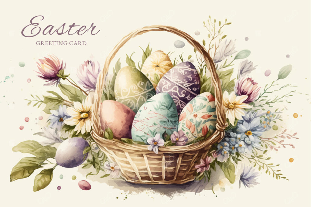 عید پاک مبارک، سبدی پر از تخم‌مرغ و خرگوش تزئین شده با گل‌ها