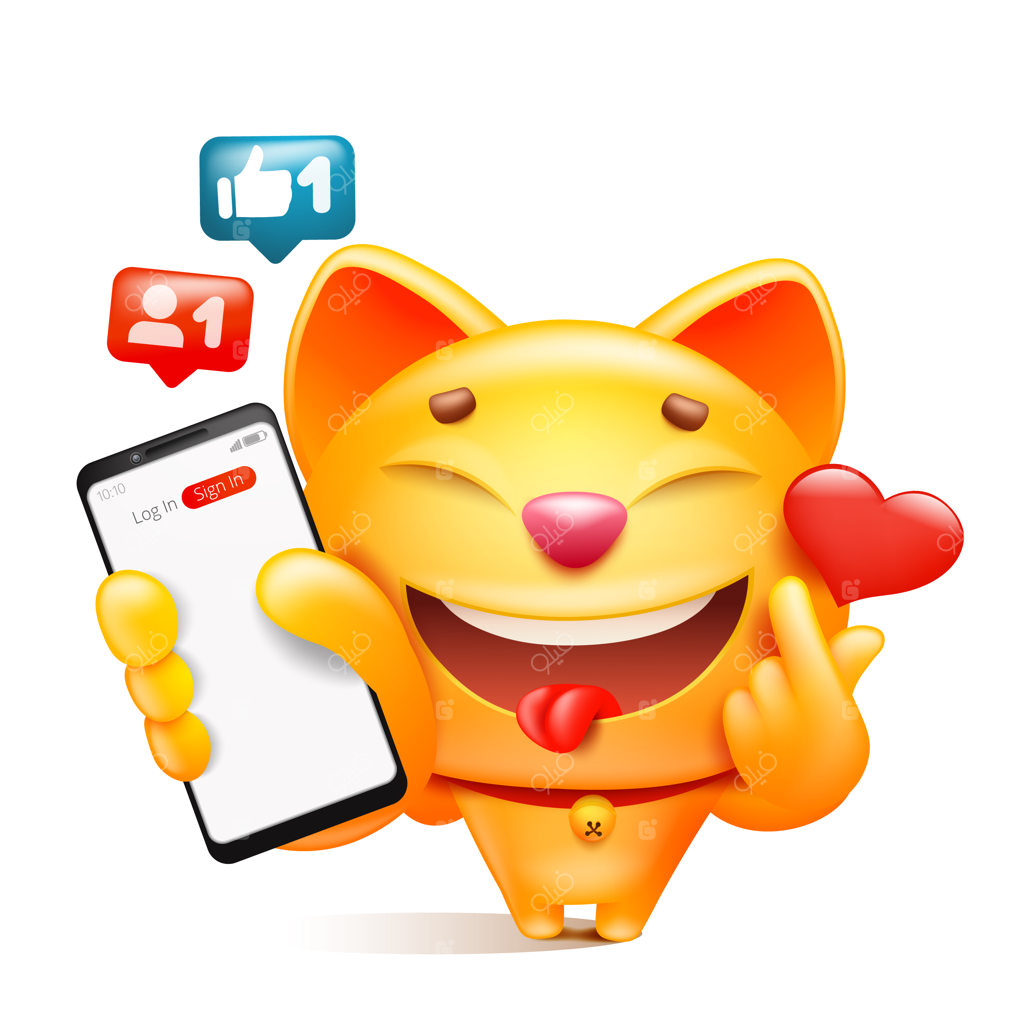 شخصیت کارتونی گربه زرد گوشی به دست در حال نشان دادن نماد کی‌پاپ