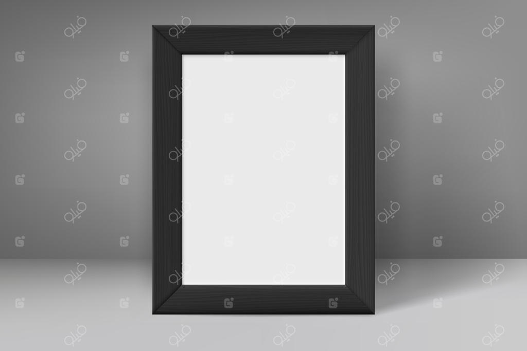 قاب چوبی مشکی عمودی و باکیفیت با کاغذ سفید؛ موکاپ سه‌بعدی