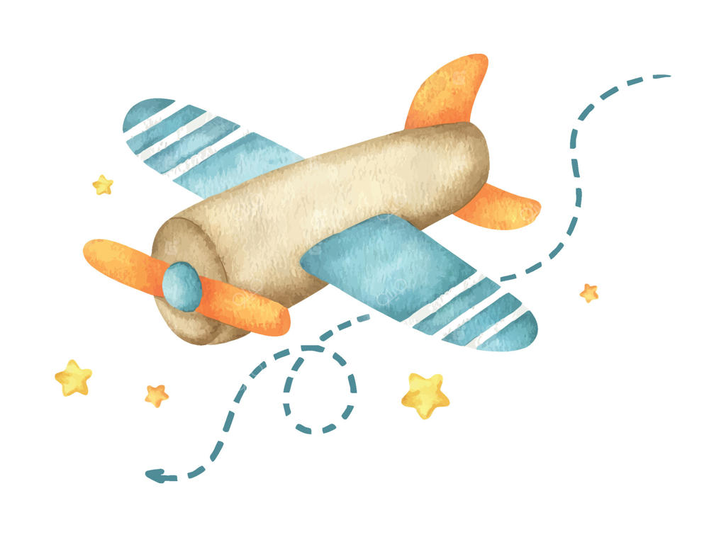 اسباب‌بازی هواپیمای رنگارنگ با ملخ، تیر و ستاره‌ها. نقاشی آبرنگی دستی از هواپیما. ترکیب کودکانه هواپیمای کوچک برای کارت‌های تولد و جشن سیسمونی.