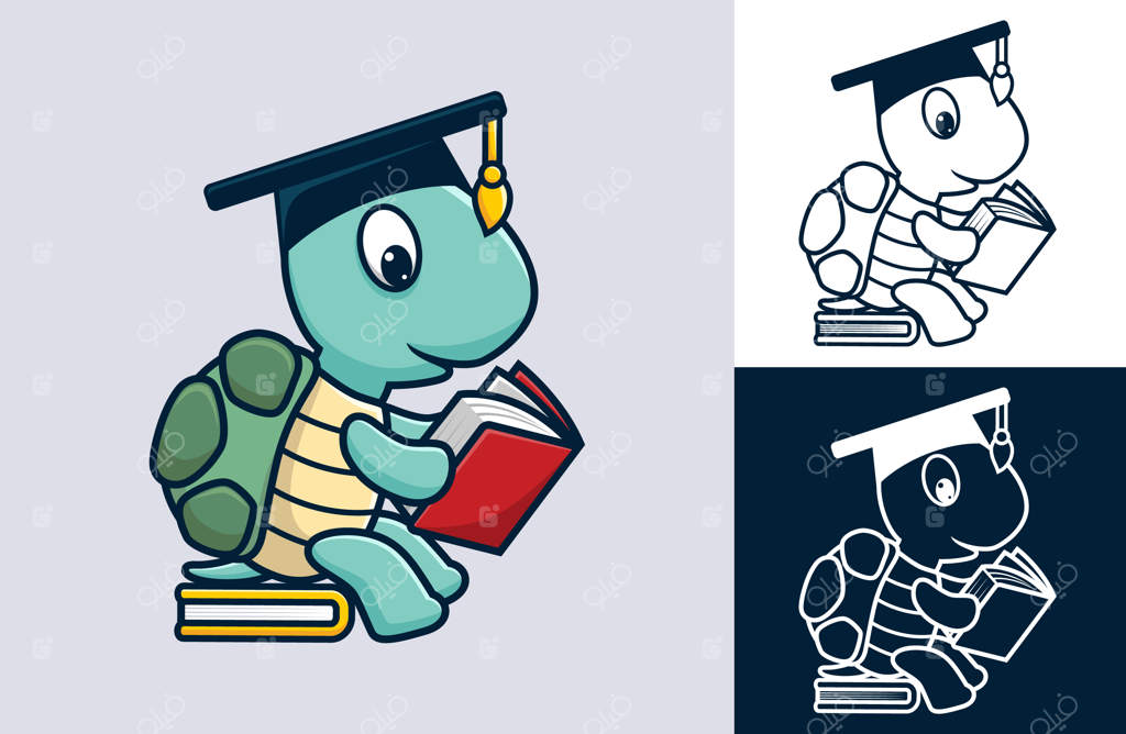 لاکپشت خنده‌دار با کلاه فارغ‌التحصیلی نشسته روی کتاب در حال خواندن کتاب. تصویر کارتونی به سبک آیکون تخت
