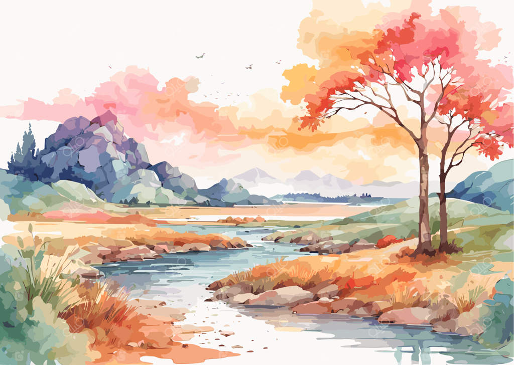 نقاشی آبرنگ منظره طبیعی وکتور