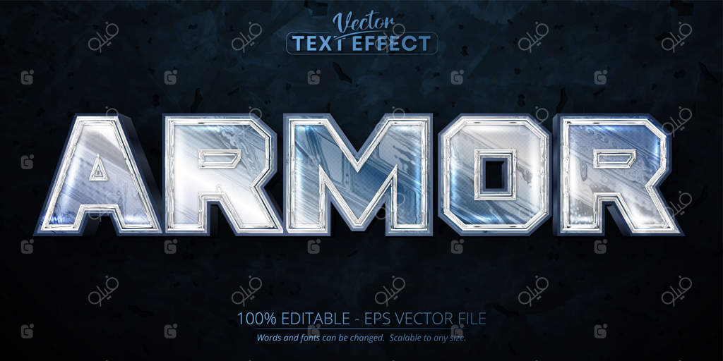 اثر متن ویرایش‌پذیر زره با رنگ نقره‌ای براق و سبک قلم فلزی