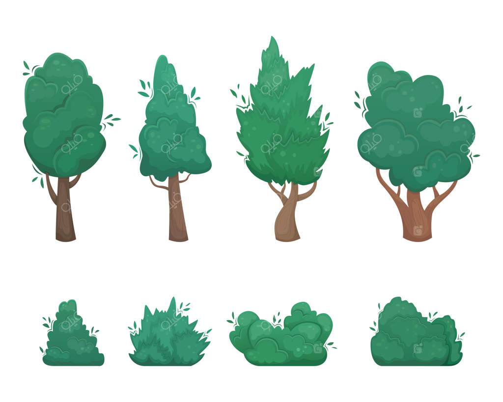 مجموعه‌ای از درخت‌ها و بوته‌ها به سبک کارتونی.