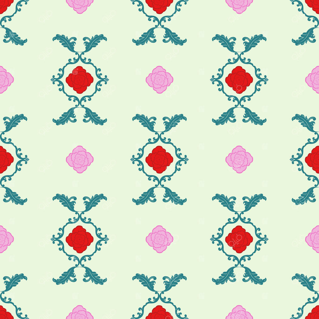 باغ شکوفا و برگ‌های شگفت‌انگیز. عشق بی‌پایان گل‌های رز سرخ و صورتی. نقش و نگار مجلل بر زمینه‌ی نعنایی. پترن یکپارچه، الهام گرفته از اساطیر یونان. طراحی دستی با جزئیات گل‌ها.