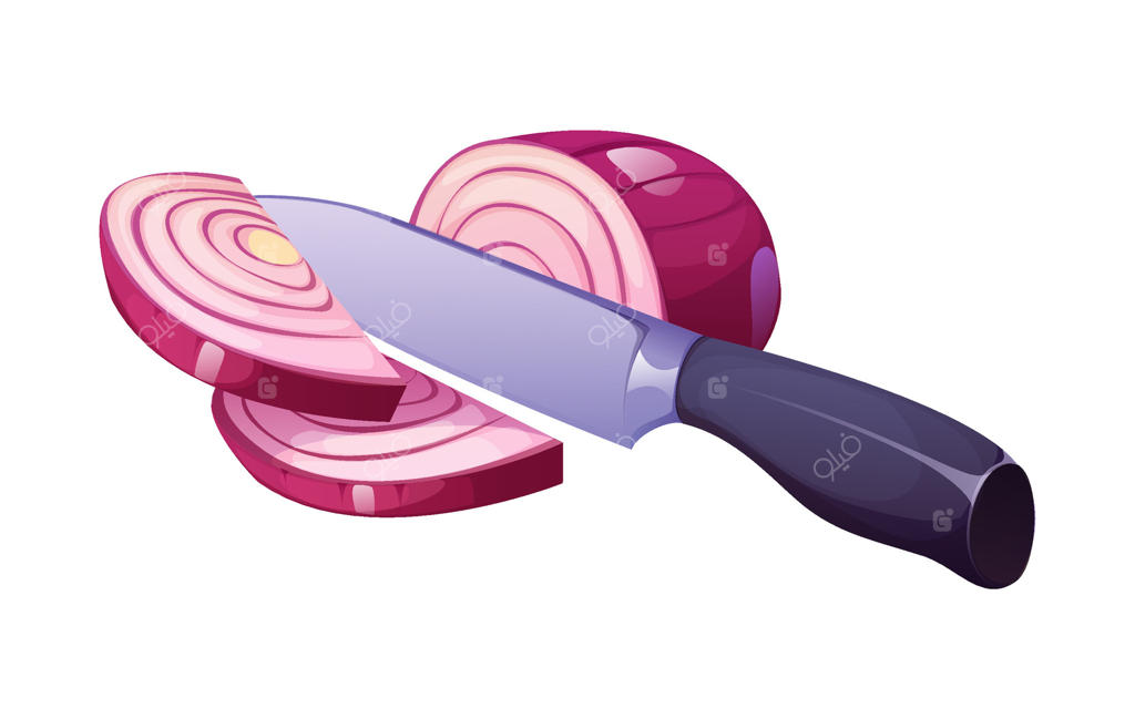 پیاز کارتونی قطعه قطعه شده با چاقوی آشپزخانه