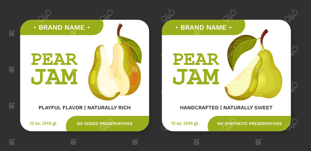 طراحی برچسب مربای گلابی تازه با قالب محصول باغی