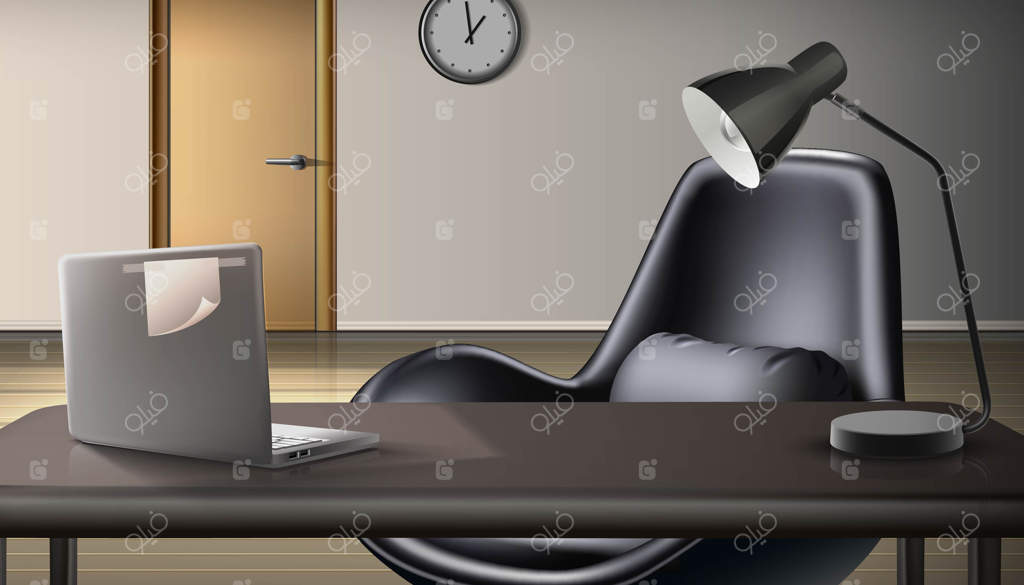 پس‌زمینه دفتر کار: فضای کاری با لپ‌تاپ و چراغ مطالعه. مفهوم فریلنسینگ و کار از خانه.