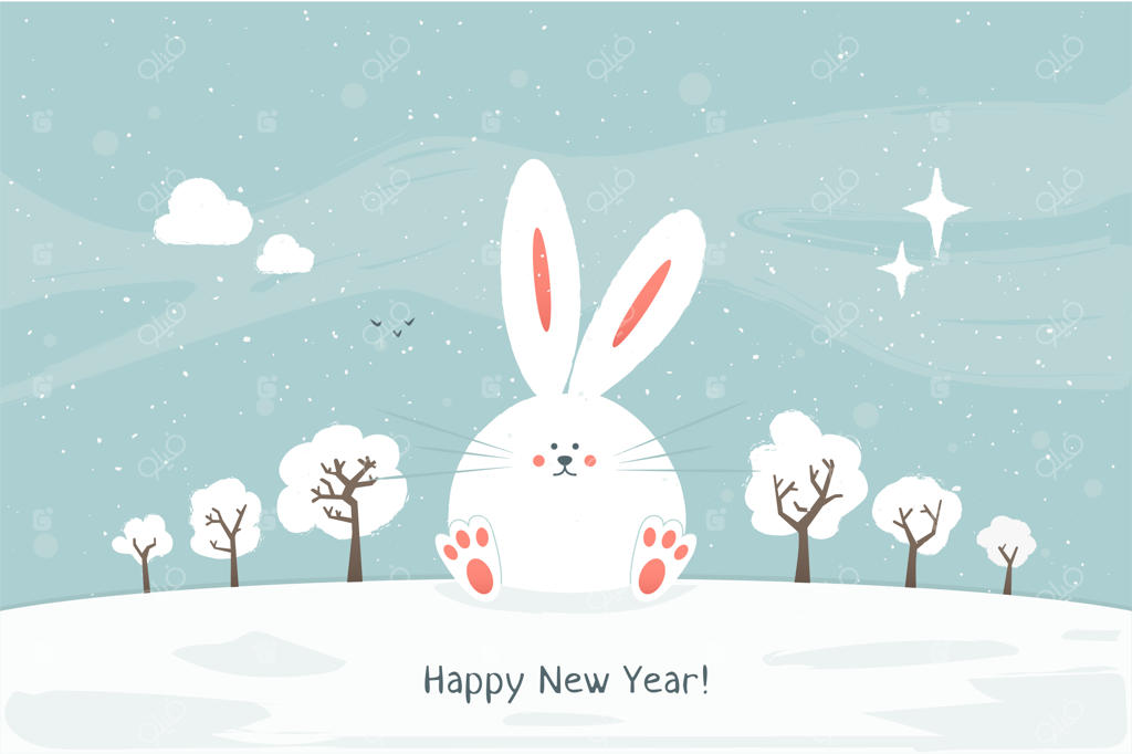 خرگوش کارتونی سال نو را تبریک می‌گوید؛ چشم‌انداز زمستانی پوشیده از برف. خرگوش به عنوان نماد سال ۲۰۲۳.