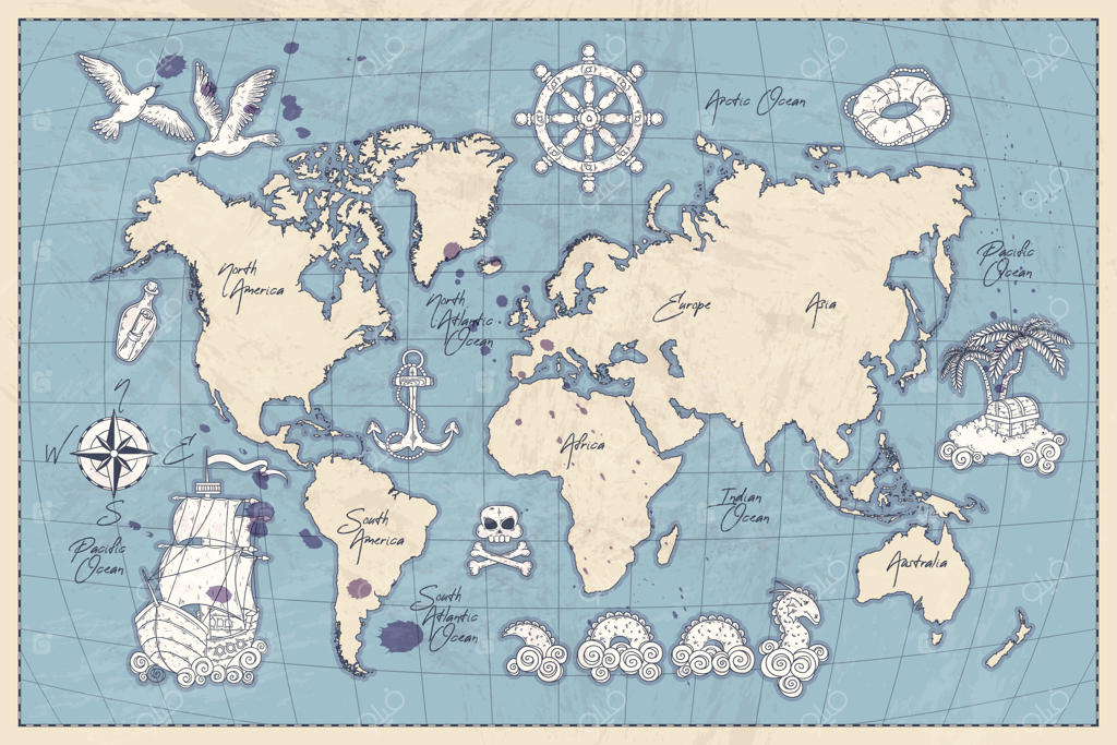 طرح دست‌کشیده نقشه جهان به سبک قدیمی