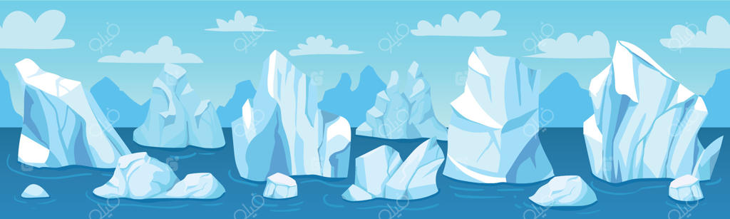 چشم‌انداز بکر قطبی: کوه‌های یخی، کوه‌های برفی و تپه‌های یخی آنتارکتیکا، پانورامای زمستانی، تصویرسازی والپیپر وکتور