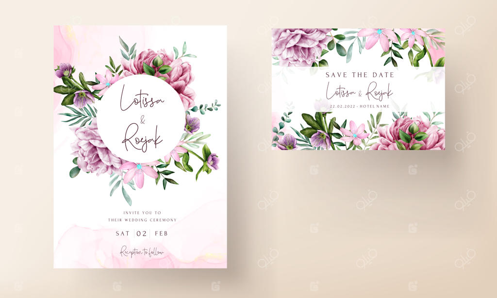 پترن کارت دعوت عروسی با طراحی گل‌های بنفش آبرنگی با شکوه