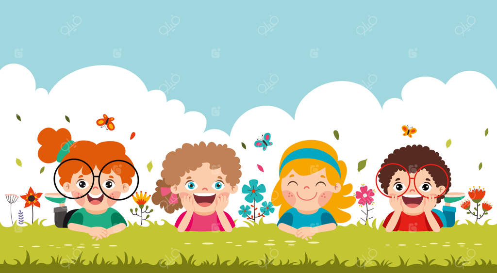 کودکان کارتونی در حال دراز کشیدن روی چمن