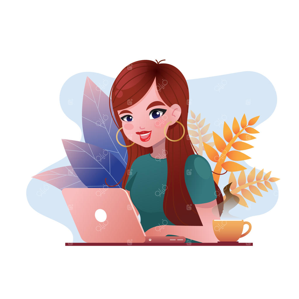 شخصیت زن در حال کار با لپ‌تاپ و لذت بردن از فنجان قهوه خود