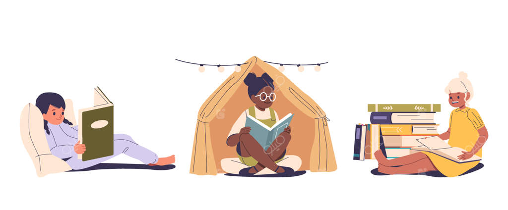 سه کودک در حال خواندن کتاب: یکی دراز کشیده است، دیگری در چادر نشسته و سومی کنار یک ستون کتاب‌ها