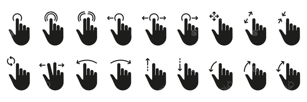 پیکتوگرام‌های توپر سیاه ژست‌های حرکتی و اسلاید به چپ و راست؛ مجموعه آیکون‌های سیلوئت لمس، کشیدن (سوایپ) و جابجایی با انگشت. آیکون‌های گلیف زوم (پینچ) و چرخش به بالا و پایین صفحه. تصویرسازی وکتور ایزوله.