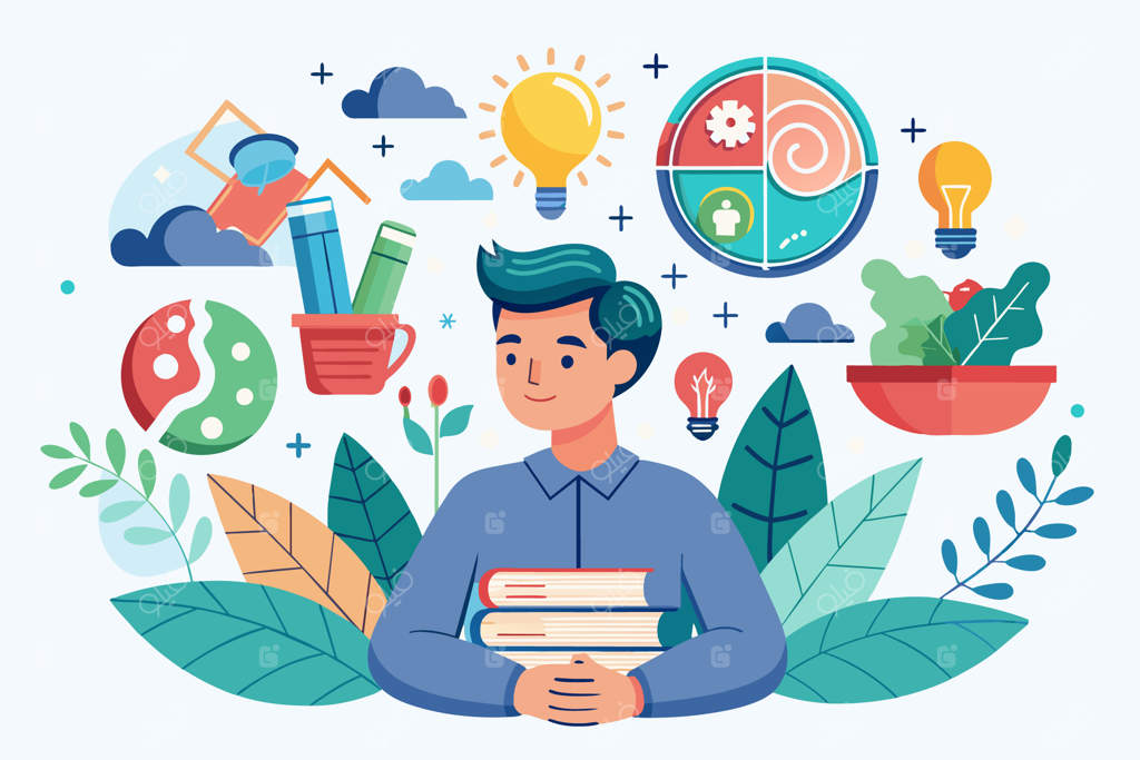 دانش‌آموزی خندان با انبوهی از کتاب‌ها در کنار نمادهای خلاقیت، سلامت و یادگیری از جمله لامپ‌های روشن، تغذیه سالم و گیاهان