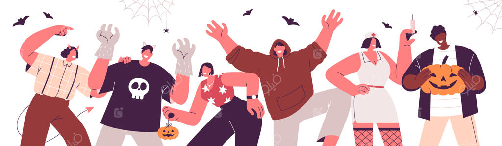 بنر افقی جشن هالووین با گروهی از افراد خوشحال. جشن فستیوال ترسناک اکتبر همراه با دوستانی در لباس‌های مبدل و دکوراسیون جذاب. تصویرسازی رنگی و تخت.