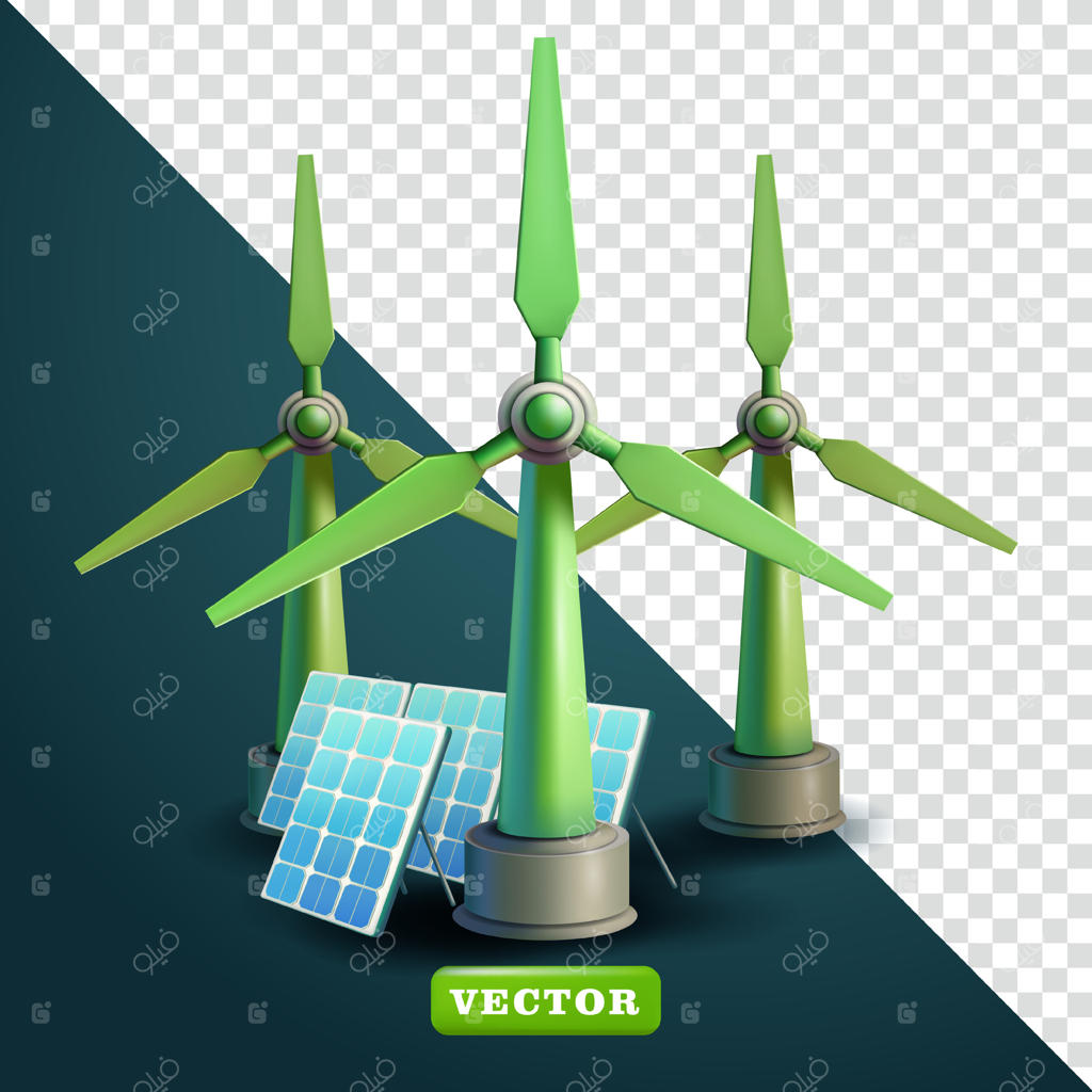 توربین‌های بادی و پنل‌های خورشیدی: انرژی سبز سه‌بعدی. مناسب برای عناصر طراحی