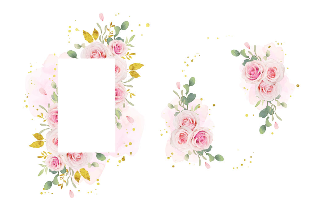 قاب زیبای گل با رزهای صورتی آبرنگی و تزیین طلایی