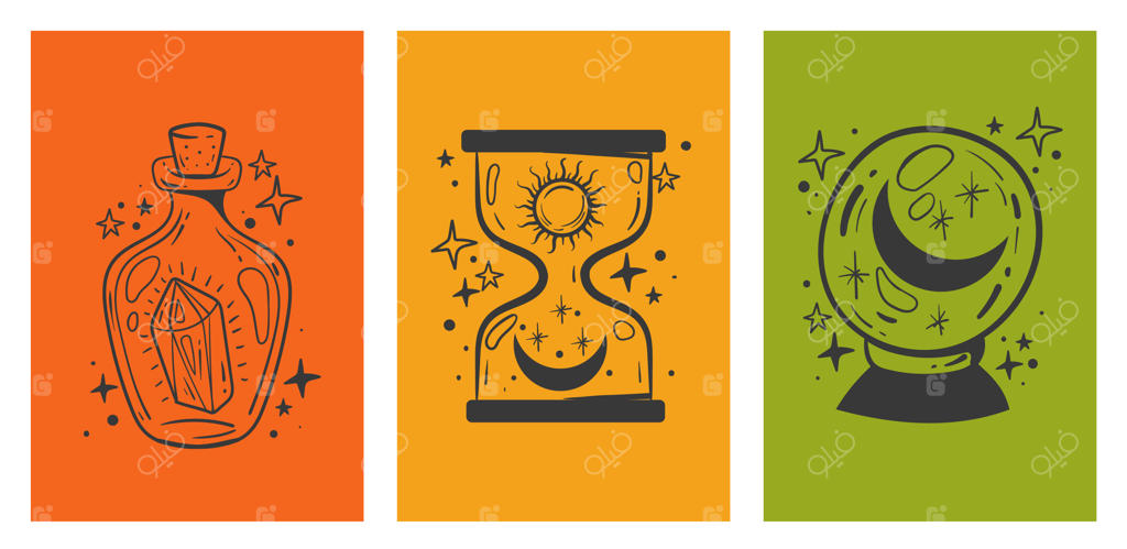 کارت‌های دکوری جادویی به سبک بوهو با هنر خطی عرفانی و معنوی آسمانی