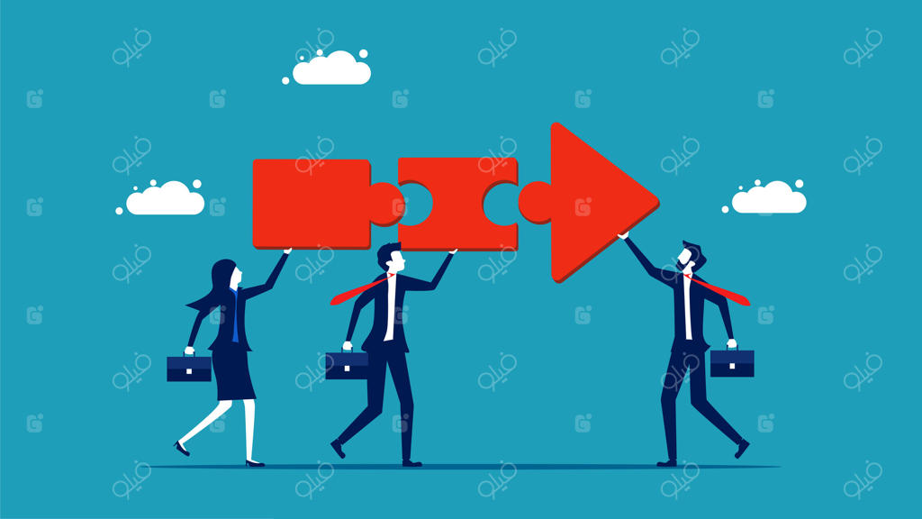 تاجران در حال نگه داشتن تکه‌ای از پازل با نشانه‌گذاری یک فلش به سوی آن