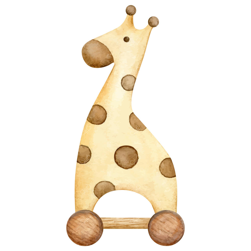 تصویرسازی آبرنگی زرافه چوبی و اسباب‌بازی طبیعی، مناسب دکوراسیون اتاق نوزاد