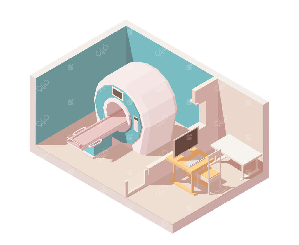 اتاق MRI: شامل دستگاه MRI و اتاق مشاهده دکتر با کامپیوتر روی میز.