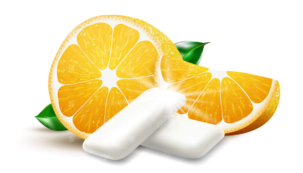 پاستیل جویدنی واقع‌گرایانه با طعم پرتقال طراحی بسته‌بندی آدامس حاوی پرتقال تازه برای برندینگ وکتور سه‌بعدی مجزا