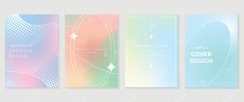 مجموعه کاور گرادینت. پس‌زمینه هولوگرافیک شیک با رنگ‌های زنده، درخشش، ستاره و حاشیه. طراحی کاغذ دیواری مدرن به سبک Y2k برای رسانه‌های اجتماعی، کارت‌ها، بنر، بروشور و تراکت.